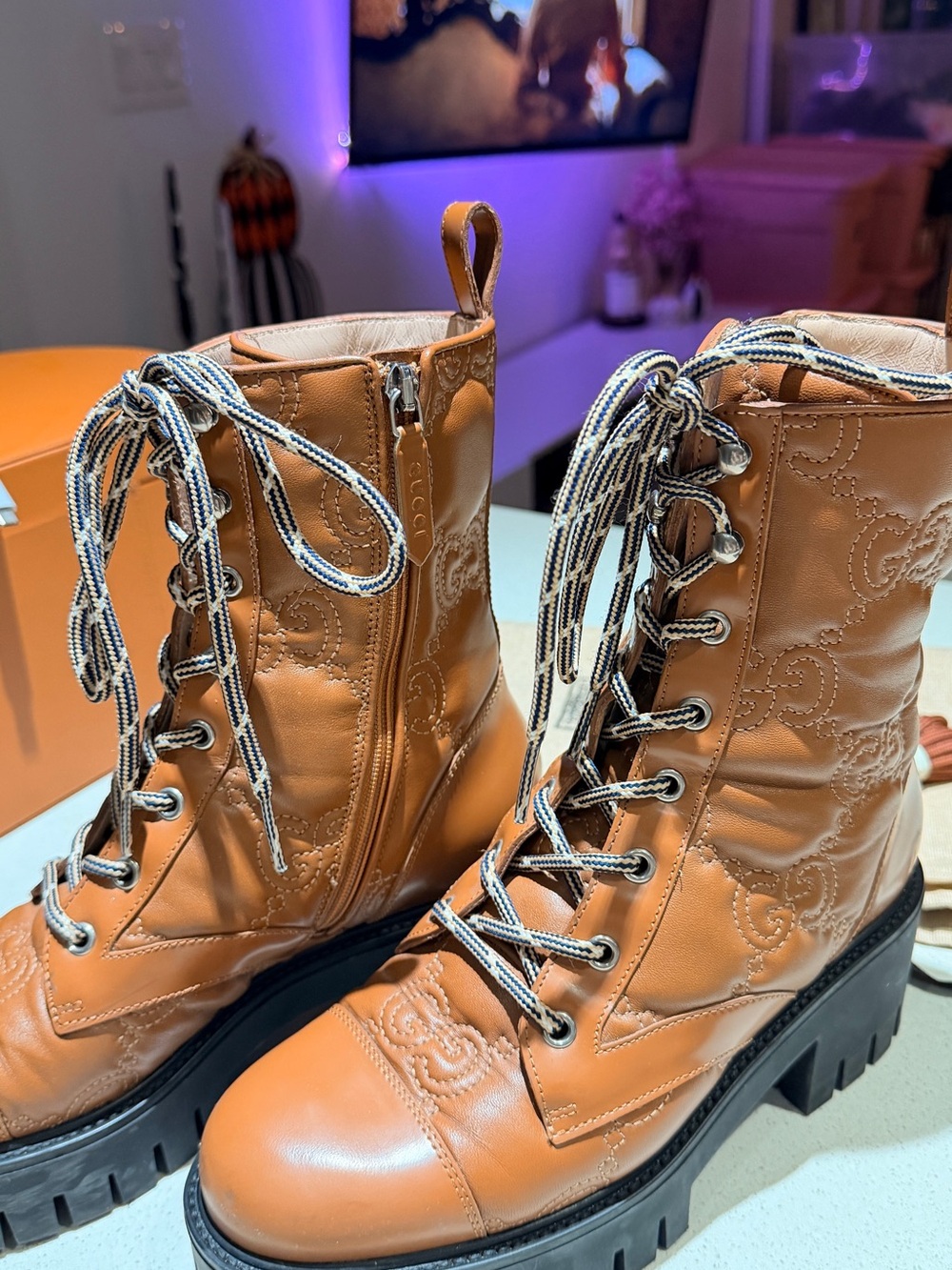 Cordovan Lux Nappa GG Matelasse Lace Up 60mm Gucci Combat Boots